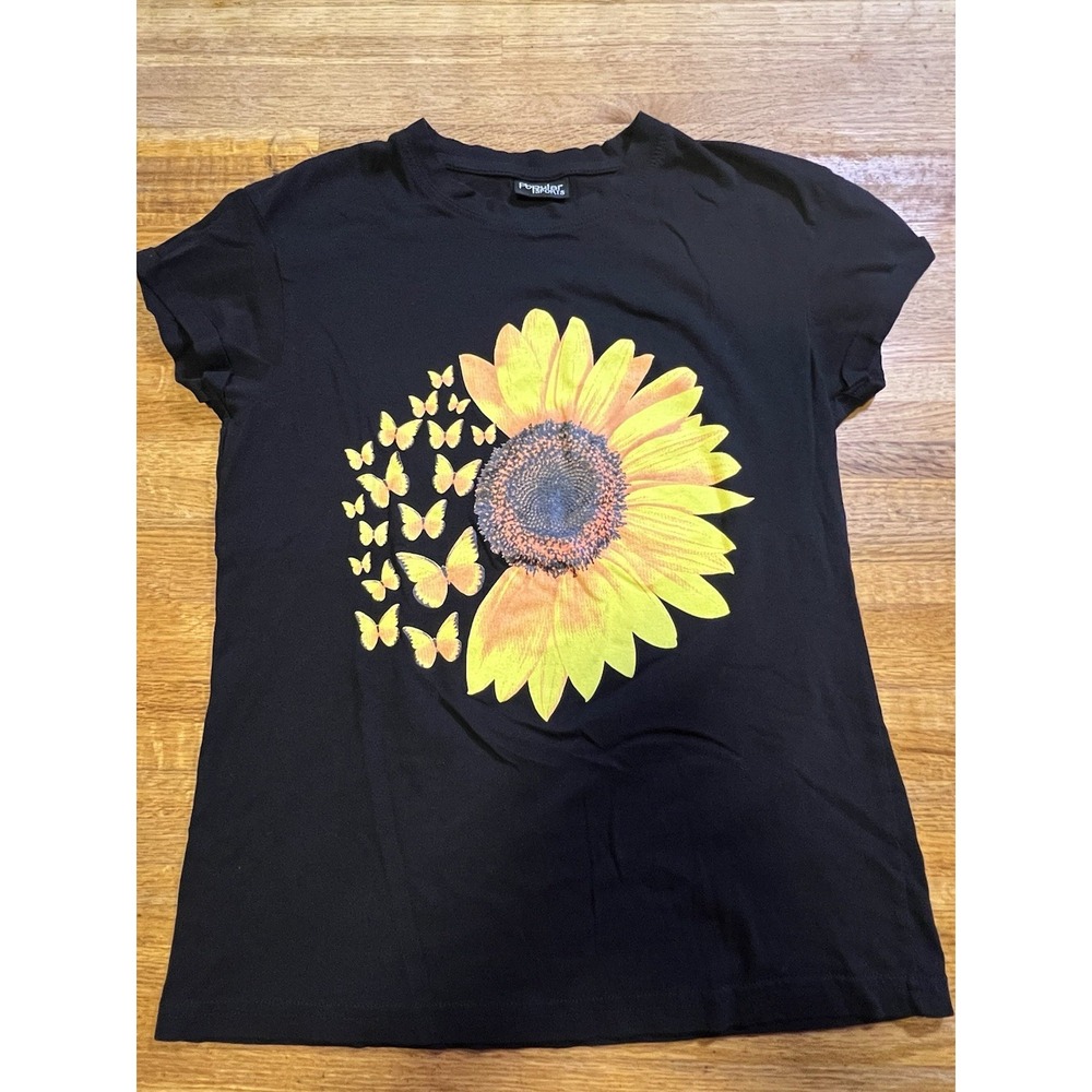 Popular Sports Women Small Black Sunflower Butterfly Graphic Short‎ Sleeve Shirt